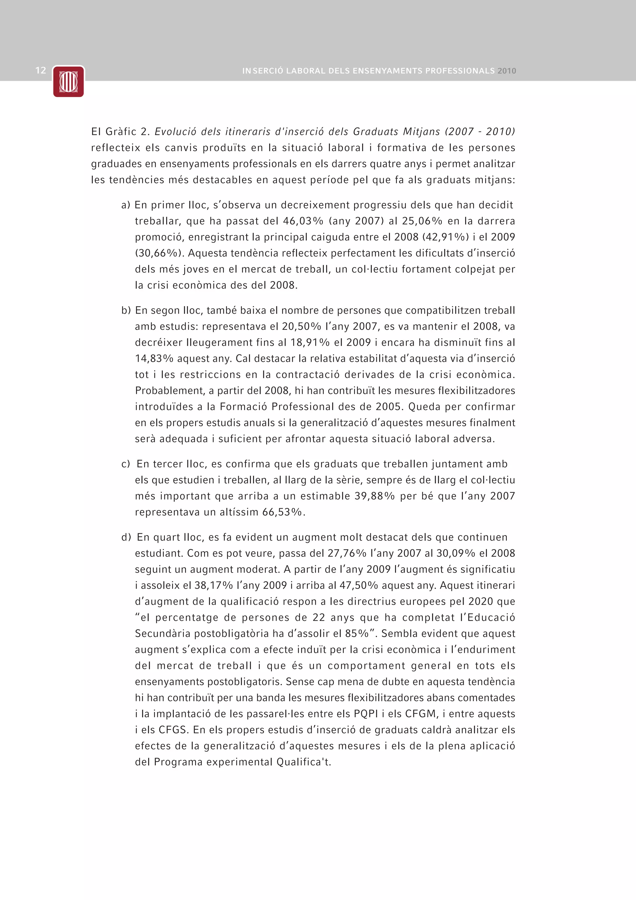 El Gràfic 2. Evolució dels itineraris d'inserció dels Graduats Mitjans (2007 - 2010)
reflecteix els canvis produïts en la situació laboral i formativa de les persones
graduades en ensenyaments professionals en els darrers quatre anys i permet analitzar
les tendències més destacables en aquest període pel que fa als graduats mitjans:

      a) En primer lloc, s’observa un decreixement progressiu dels que han decidit
         treballar, que ha passat del 46,03% (any 2007) al 25,06% en la darrera
         promoció, enregistrant la principal caiguda entre el 2008 (42,91%) i el 2009
         (30,66%). Aquesta tendència reflecteix perfectament les dificultats d’inserció
         dels més joves en el mercat de treball, un col·lectiu fortament colpejat per
         la crisi econòmica des del 2008.

      b) En segon lloc, també baixa el nombre de persones que compatibilitzen treball
         amb estudis: representava el 20,50% l’any 2007, es va mantenir el 2008, va
         decréixer lleugerament fins al 18,91% el 2009 i encara ha disminuït fins al
         14,83% aquest any. Cal destacar la relativa estabilitat d’aquesta via d’inserció
         tot i les restriccions en la contractació derivades de la crisi econòmica.
         Probablement, a partir del 2008, hi han contribuït les mesures flexibilitzadores
         introduïdes a la Formació Professional des de 2005. Queda per confirmar
         en els propers estudis anuals si la generalització d’aquestes mesures finalment
         serà adequada i suficient per afrontar aquesta situació laboral adversa.

      c) En tercer lloc, es confirma que els graduats que treballen juntament amb
         els que estudien i treballen, al llarg de la sèrie, sempre és de llarg el col·lectiu
         més important que arriba a un estimable 39,88% per bé que l’any 2007
         representava un altíssim 66,53%.

      d) En quart lloc, es fa evident un augment molt destacat dels que continuen
         estudiant. Com es pot veure, passa del 27,76% l’any 2007 al 30,09% el 2008
         seguint un augment moderat. A partir de l’any 2009 l’augment és significatiu
         i assoleix el 38,17% l’any 2009 i arriba al 47,50% aquest any. Aquest itinerari
         d’augment de la qualificació respon a les directrius europees pel 2020 que
         “el percentatge de persones de 22 anys que ha completat l’Educació
         Secundària postobligatòria ha d’assolir el 85%”. Sembla evident que aquest
         augment s’explica com a efecte induït per la crisi econòmica i l’enduriment
         del mercat de treball i que és un comportament general en tots els
         ensenyaments postobligatoris. Sense cap mena de dubte en aquesta tendència
         hi han contribuït per una banda les mesures flexibilitzadores abans comentades
         i la implantació de les passarel·les entre els PQPI i els CFGM, i entre aquests
         i els CFGS. En els propers estudis d’inserció de graduats caldrà analitzar els
         efectes de la generalització d’aquestes mesures i els de la plena aplicació
         del Programa experimental Qualifica't.
 