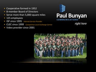 • Cooperative formed in 1952 
• 8-member Board of Directors 
• Serve more than 5,000 square miles 
• 125 employees 
• ISP ...