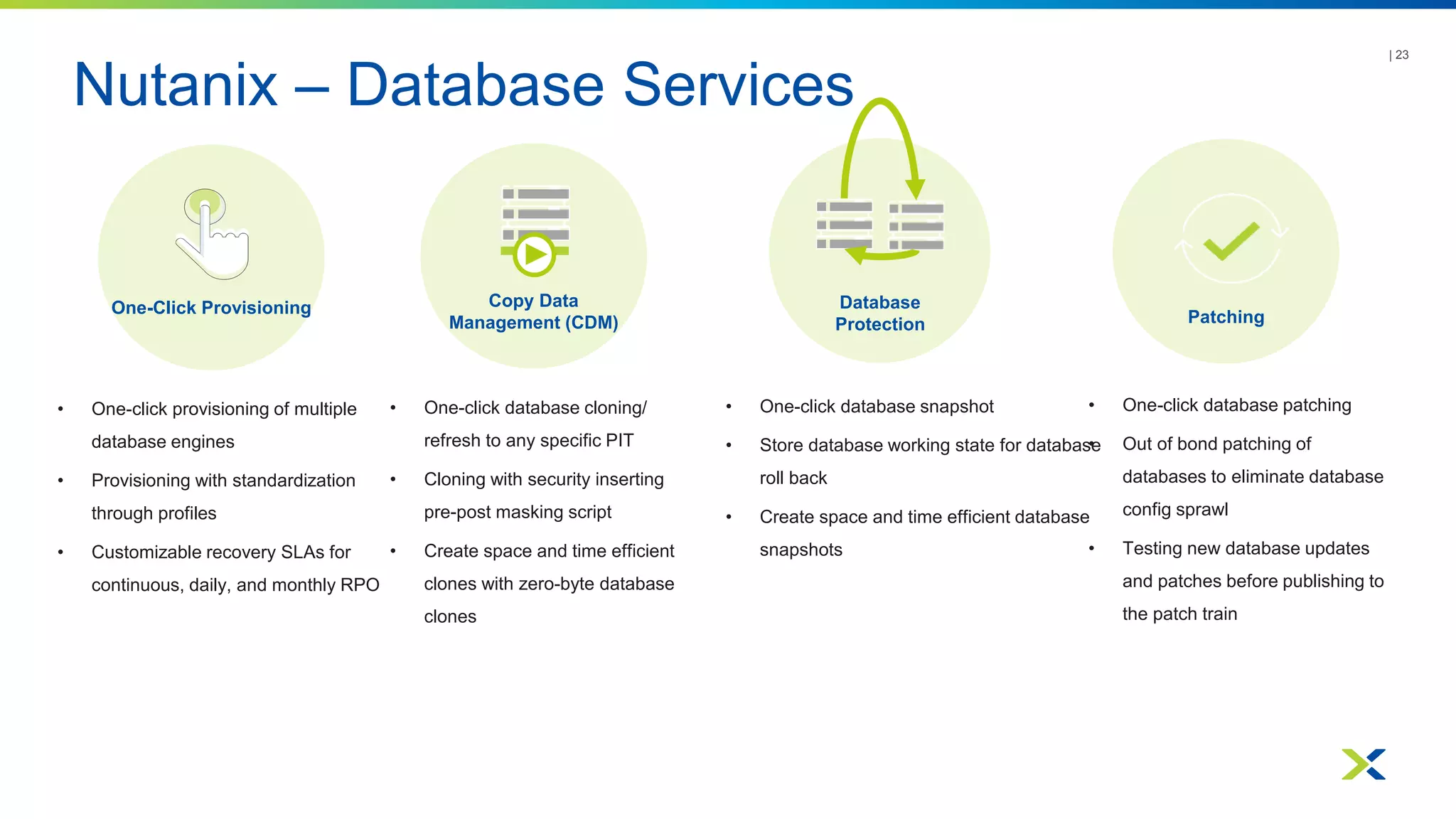 Nutanix – Database Services
| 23
One-Click Provisioning
Patching
Database
Protection
Copy Data
Management (CDM)
• One-click provisioning of multiple
database engines
• Provisioning with standardization
through profiles
• Customizable recovery SLAs for
continuous, daily, and monthly RPO
• One-click database cloning/
refresh to any specific PIT
• Cloning with security inserting
pre-post masking script
• Create space and time efficient
clones with zero-byte database
clones
• One-click database snapshot
• Store database working state for database
roll back
• Create space and time efficient database
snapshots
• One-click database patching
• Out of bond patching of
databases to eliminate database
config sprawl
• Testing new database updates
and patches before publishing to
the patch train
 