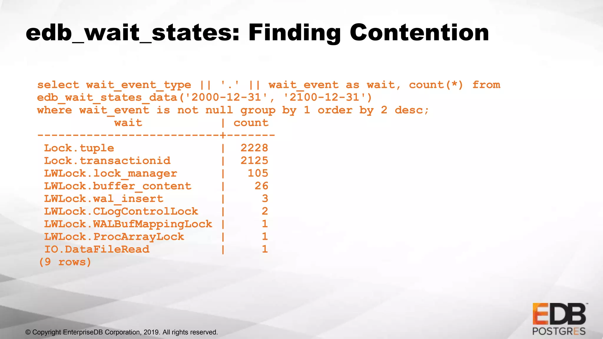 © Copyright EnterpriseDB Corporation, 2019. All rights reserved.
edb_wait_states: Finding Contention
select wait_event_type || '.' || wait_event as wait, count(*) from
edb_wait_states_data('2000-12-31', '2100-12-31')
where wait_event is not null group by 1 order by 2 desc;
wait | count
--------------------------+-------
Lock.tuple | 2228
Lock.transactionid | 2125
LWLock.lock_manager | 105
LWLock.buffer_content | 26
LWLock.wal_insert | 3
LWLock.CLogControlLock | 2
LWLock.WALBufMappingLock | 1
LWLock.ProcArrayLock | 1
IO.DataFileRead | 1
(9 rows)
 