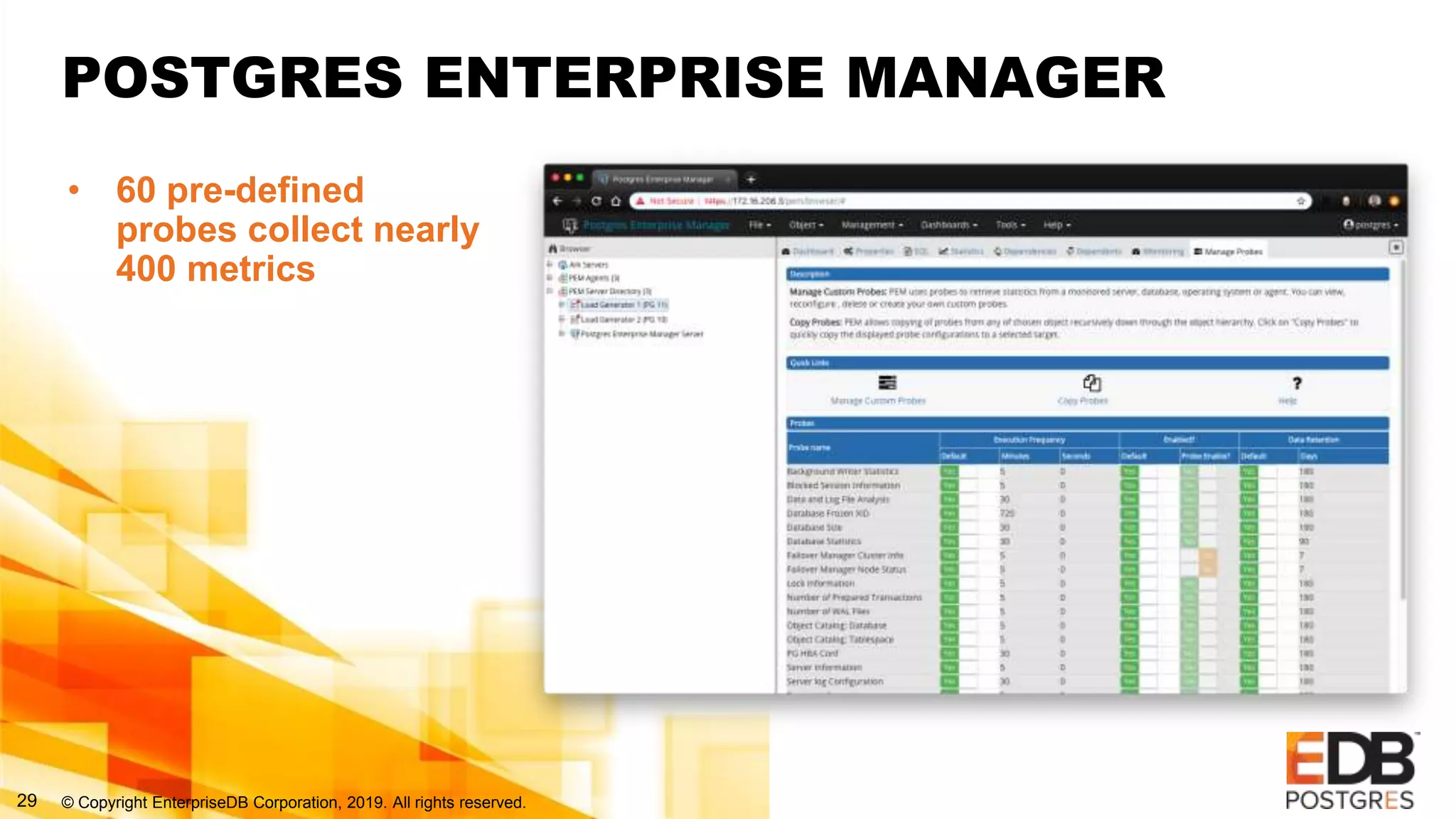 © Copyright EnterpriseDB Corporation, 2019. All rights reserved.29
POSTGRES ENTERPRISE MANAGER
• 60 pre-defined
probes collect nearly
400 metrics
 