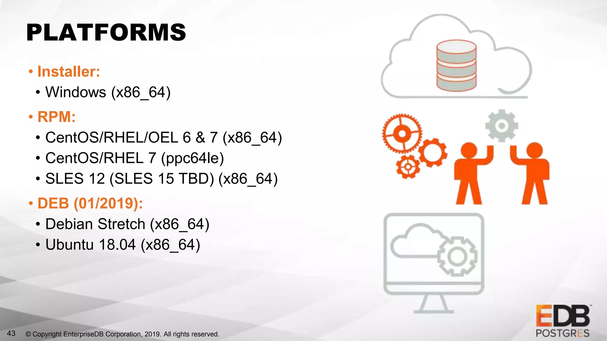 © Copyright EnterpriseDB Corporation, 2019. All rights reserved.43
PLATFORMS
• Installer:
• Windows (x86_64)
• RPM:
• CentOS/RHEL/OEL 6 & 7 (x86_64)
• CentOS/RHEL 7 (ppc64le)
• SLES 12 (SLES 15 TBD) (x86_64)
• DEB (01/2019):
• Debian Stretch (x86_64)
• Ubuntu 18.04 (x86_64)
 
