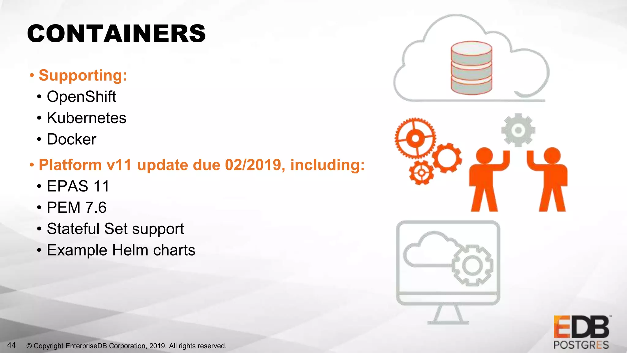 © Copyright EnterpriseDB Corporation, 2019. All rights reserved.44
CONTAINERS
• Supporting:
• OpenShift
• Kubernetes
• Docker
• Platform v11 update due 02/2019, including:
• EPAS 11
• PEM 7.6
• Stateful Set support
• Example Helm charts
 