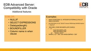 EDB Advanced Server:
Compatibility with Oracle
EDBLDR:
• NULLIF
• SELECT EXPRESSIONS
• Datatype(length)
• BOUNDFILLER
• Column name in when
clause
Examples:
• deptno POSITION(1:2) INTEGER EXTERNAL(2) NULLIF
deptno=BLANKS,
• job POSITION (15:23) "(SELECT dname FROM dept WHERE deptno
= :deptno)”
• RECORD_CODE BOUNDFILLER CHAR(3)
• c1,
field2 BOUNDFILLER,
field3 BOUNDFILLER,
c2 ":field2 || :field3”
• WHEN (1:3) = “200” now WHEN EMPNO= “200”
Additional features
 