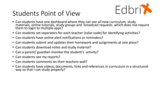 Students Point of View
• Can students have one dashboard where they can see all new curriculum, study
materials, online tutorials, study groups and broadcast requests which does not require
them to login to multiple apps?
• Can students set separators for each teacher (color code) for identifying activities?
• Can students have online alert notifications or reminders?
• Can students submit and updates their homework and assignments at one place?
• Can students download notes and study material?
• Can a parent/ guardian monitor the student’s activity?
• Can students see my reports?
• Can students comments on their teachers wall?
• Can students have videos, documents, links and references in curriculum in a structured
way so that I can study properly?
 