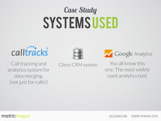 ed@metricmogul.co.ukcalltracks.com
SYSTEMSUsed
Call tracking and
analytics system for
data merging. 
(not just for calls!)
Case Study
You all know this
one. The most widely
used analytics tool.
Client CRM system
 