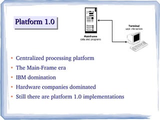 Platform 1.0Platform 1.0Platform 1.0Platform 1.0
●
Centralized processing platform
●
The Main­Frame era
●
IBM domination
●
Hardware companies dominated
●
Still there are platform 1.0 implementations
 