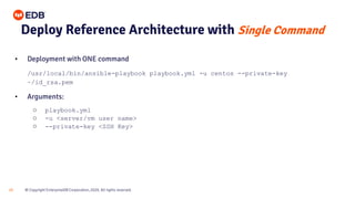 © Copyright EnterpriseDB Corporation, 2020. All rights reserved.
23
Deploy Reference Architecture with Single Command
• Deployment with ONE command
/usr/local/bin/ansible-playbook playbook.yml -u centos --private-key
~/id_rsa.pem
• Arguments:
○ playbook.yml
○ -u <server/vm user name>
○ --private-key <SSH Key>
 