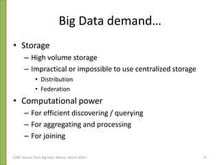 Big Data demand…
• Storage
– High volume storage
– Impractical or impossible to use centralized storage
• Distribution
• Federation
• Computational power
– For efficient discovering / querying
– For aggregating and processing
– For joining
EDBT Special Track Big Data, Athens, March 2014 15
 