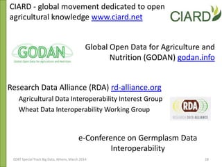 Global Open Data for Agriculture and
Nutrition (GODAN) godan.info
EDBT Special Track Big Data, Athens, March 2014 28
Research Data Alliance (RDA) rd-alliance.org
Agricultural Data Interoperability Interest Group
Wheat Data Interoperability Working Group
CIARD - global movement dedicated to open
agricultural knowledge www.ciard.net
e-Conference on Germplasm Data
Interoperability
 