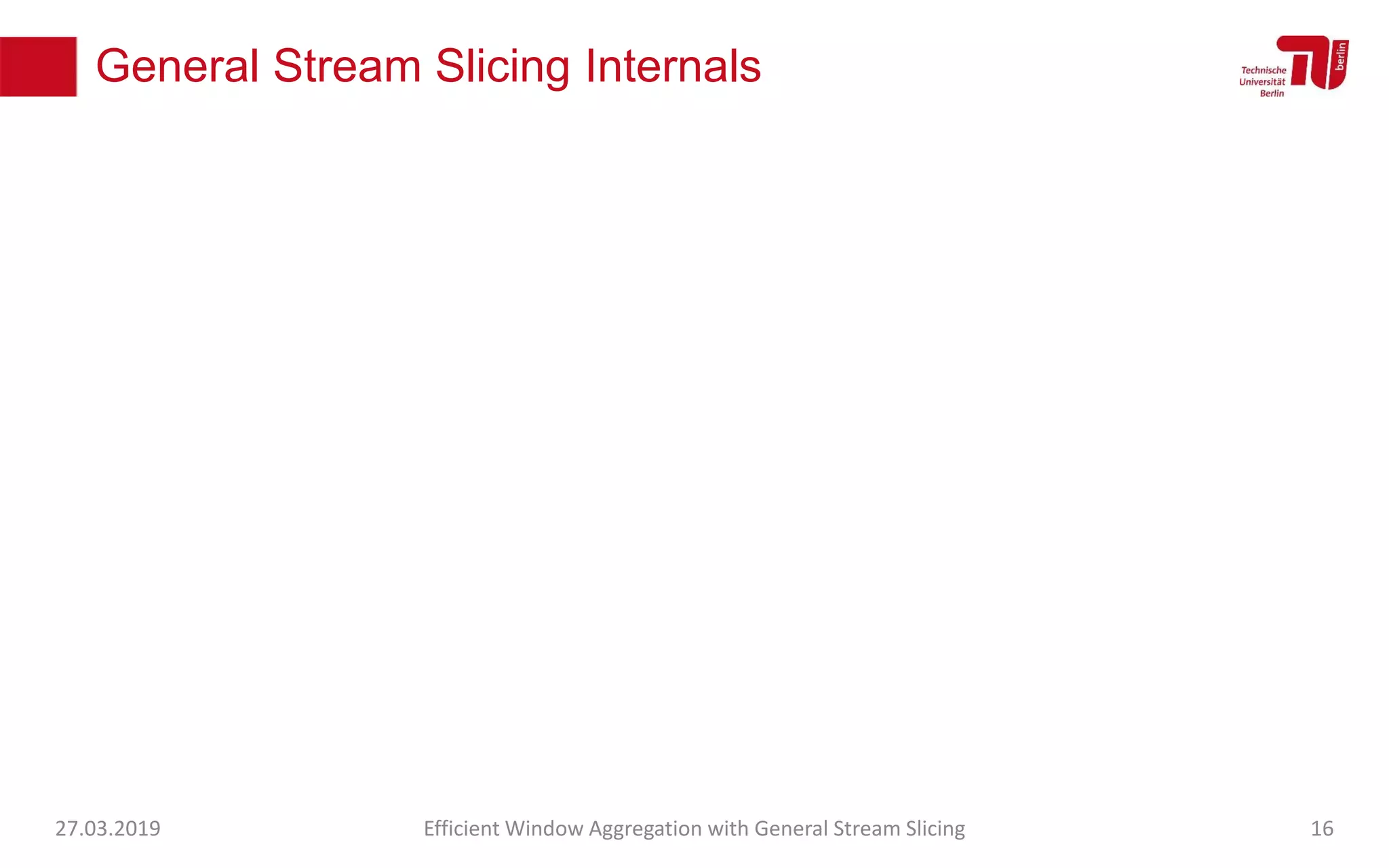 General Stream Slicing Internals
27.03.2019 Efficient Window Aggregation with General Stream Slicing 16
 