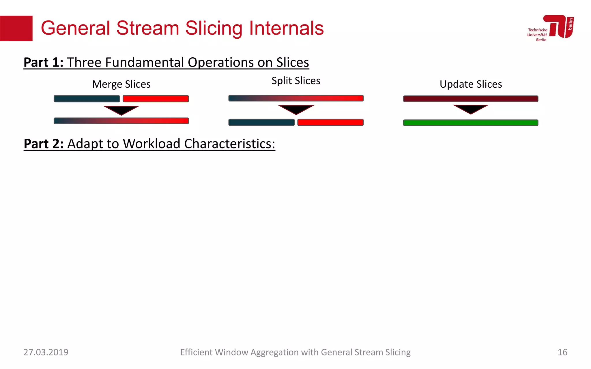 General Stream Slicing Internals
27.03.2019 Efficient Window Aggregation with General Stream Slicing 16
Merge Slices Split Slices Update Slices
Part 1: Three Fundamental Operations on Slices
Part 2: Adapt to Workload Characteristics:
 