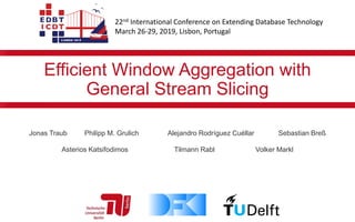 Jonas Traub Philipp M. Grulich Alejandro Rodríguez Cuéllar Sebastian Breß
Asterios Katsifodimos Tilmann Rabl Volker Markl
Efficient Window Aggregation with
General Stream Slicing
22nd International Conference on Extending Database Technology
March 26-29, 2019, Lisbon, Portugal
 