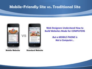 Mobile-Friendly Site vs. Traditional Site




                     Web Designers Understand How to
                    Build Websites Made for COMPUTERS

                          But a MOBILE PHONE is
                            Not a Computer…
 