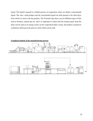 liquid. The liquid is passed to a further process of evaporation where we obtain a concentrated
liquid. The semi -solid product and the concentrated liquid are both passed to the final dryer
from which we receive the dry product. The Trommel type dryer can use different types of fuel
such as biomass, natural gas etc. and it is important to realise that the exhaust gases from the
dryer can be used as an energy source on the evaporation plant. Lastly, the product is passed to
a pelletiser which gives the peel in a form which can be sold.




Graphical outlook of the manufacturing process




                                                                                              24
 
