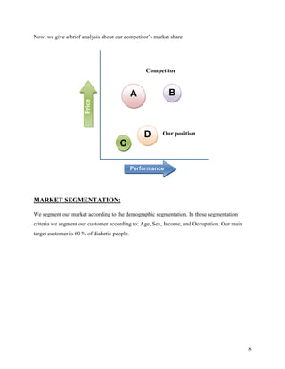 Now, we give a brief analysis about our competitor‟s market share.




                                                   Competitor


                                              A             B
                       Price




                                                  D     Our position
                                      C

                                              Performance




MARKET SEGMENTATION:

We segment our market according to the demographic segmentation. In these segmentation
criteria we segment our customer according to: Age, Sex, Income, and Occupation. Our main
target customer is 60 % of diabetic people.




                                                                                            8
 