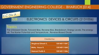 SUB : ELECTRONICS DEVICES & CIRCUITS (2131006) 
Topics : 
The Unbiased Diode, Forward Bias, Reverse Bias, Breakdown, Energy Levels, The energy 
Hill, The Barrier Potential and Temperature , Reverse-Biased Diode 
Created by: 
Meghwal Dinesh S. 130140111041 
Mistry Keyur R. 130140111043 
Nakrani Pratik R. 130140111046 
 