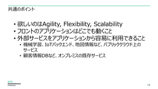 14
共通のポイント
14
• 欲しいのはAgility, Flexibility, Scalability
• フロントのアプリケーションはどこでも動くこと
• 外部サービスをアプリケーションから容易に利用できること
• 機械学習、IoTバックエンド、地図情報など、パブリッククラウド上の
サービス
• 顧客情報DBなど、オンプレミスの既存サービス
 