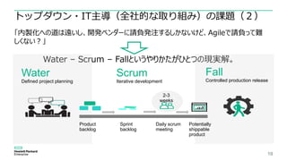 19
トップダウン・IT主導（全社的な取り組み）の課題（２）
「内製化への道は遠いし、開発ベンダーに請負発注するしかないけど、Agileで請負って難
しくない？」
Water – Scrum – Fallというやりかたがひとつの現実解。
Water
Defined project planning
Scrum
Iterative development
Fall
Controlled production release
Product
backlog
Sprint
backlog
Daily scrum
meeting
Potentially
shippable
product
2-3
weeks
 
