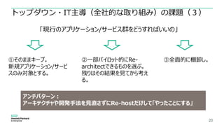 20
トップダウン・IT主導（全社的な取り組み）の課題（３）
「現行のアプリケーション/サービス群をどうすればいいの」
②一部パイロット的にRe-
architectできるものを選ぶ。
残りはその結果を見てから考え
る。
③全面的に棚卸し。①そのままキープ。
新規アプリケーション/サービ
スのみ対象とする。
アンチパターン：
アーキテクチャや開発手法を見直さずにRe-hostだけして「やったことにする」
 