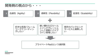 開発側の視点から・・・
1 迅速性（Agility） 2 3柔軟性（Flexibility） 拡張性（Scalability）
好きな言語/フレーム
ワークでコーディン
グしたい
使い慣れたCIツール
とインテグレーショ
ンして柔軟にパイプ
ライン管理したい
既存のバックエンド
サービスと連携した
い
プライベートPaaSという選択肢
 