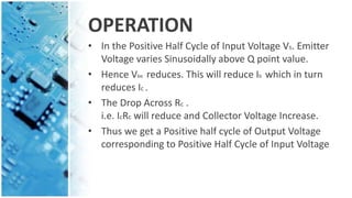 OPERATION
• In the Positive Half Cycle of Input Voltage Vs. Emitter
Voltage varies Sinusoidally above Q point value.
• Hence Vbe reduces. This will reduce Ib which in turn
reduces Ic .
• The Drop Across Rc .
i.e. IcRc will reduce and Collector Voltage Increase.
• Thus we get a Positive half cycle of Output Voltage
corresponding to Positive Half Cycle of Input Voltage
 