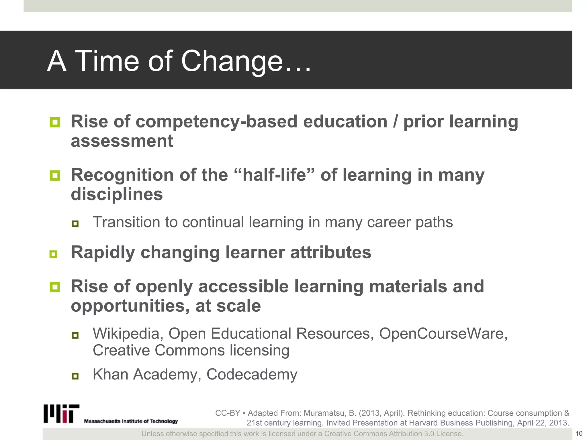 Unless otherwise specified this work is licensed under a Creative Commons Attribution 3.0 License.
A Time of Change…
 Rise of competency-based education / prior learning
assessment
 Recognition of the ―half-life‖ of learning in many
disciplines
 Transition to continual learning in many career paths
 Rapidly changing learner attributes
 Rise of openly accessible learning materials and
opportunities, at scale
 Wikipedia, Open Educational Resources, OpenCourseWare,
Creative Commons licensing
 Khan Academy, Codecademy
10
CC-BY • Adapted From: Muramatsu, B. (2013, April). Rethinking education: Course consumption &
21st century learning. Invited Presentation at Harvard Business Publishing, April 22, 2013.
 