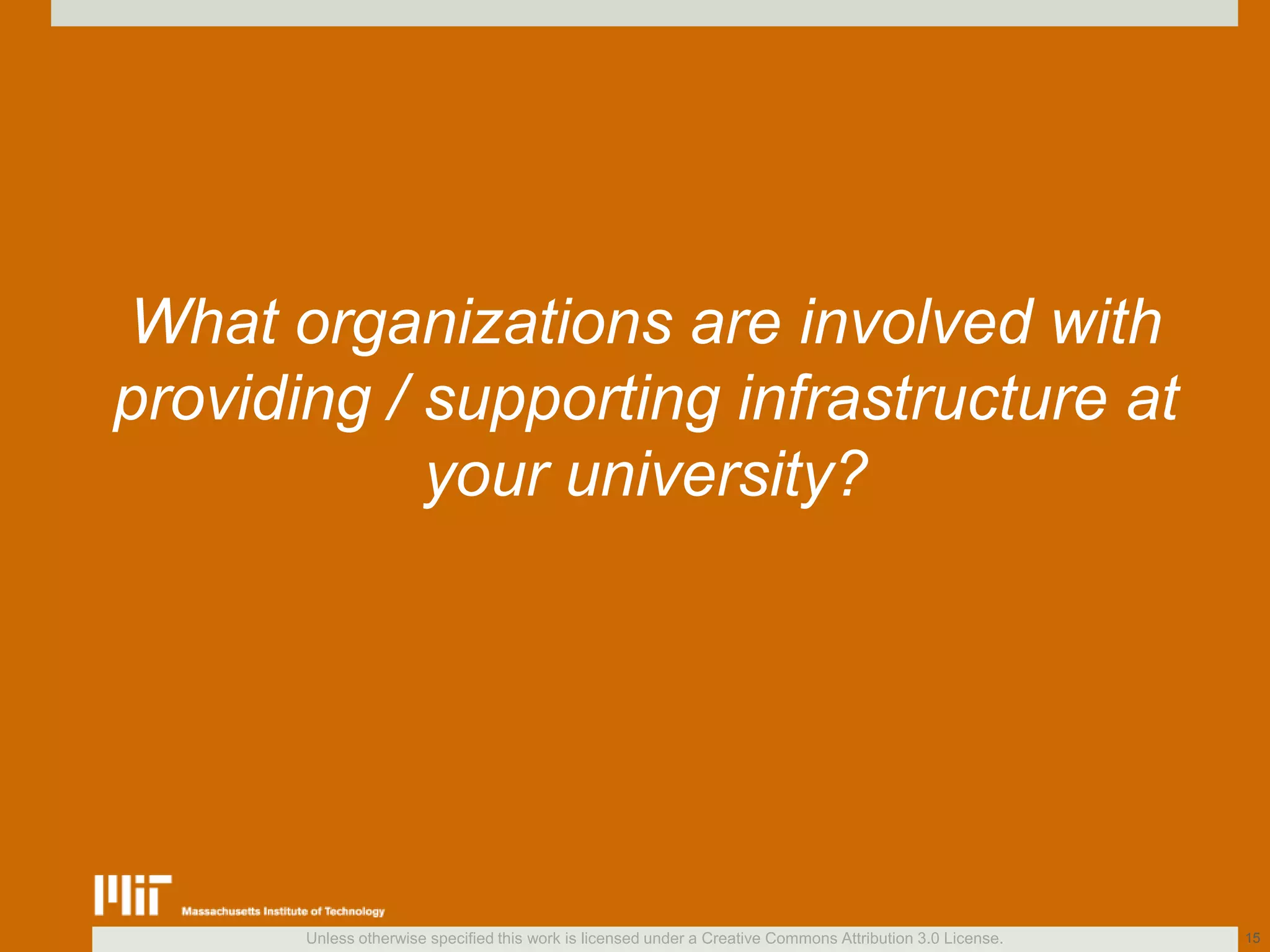 Unless otherwise specified this work is licensed under a Creative Commons Attribution 3.0 License.
What organizations are involved with
providing / supporting infrastructure at
your university?
15
 