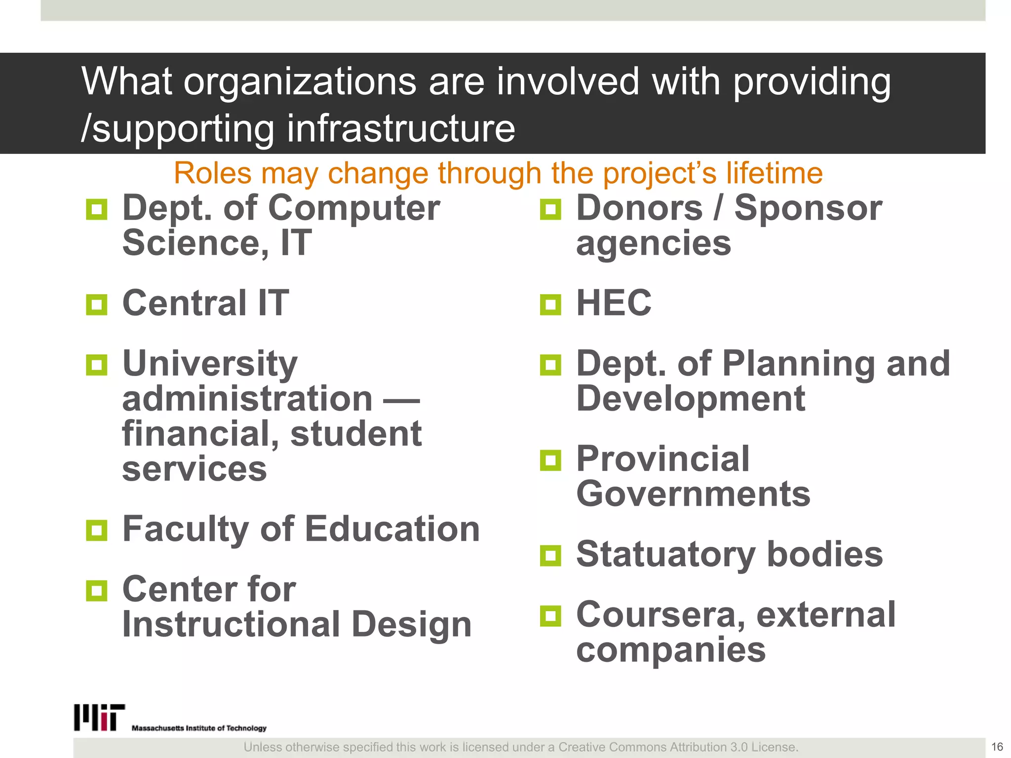 Unless otherwise specified this work is licensed under a Creative Commons Attribution 3.0 License.
What organizations are involved with providing
/supporting infrastructure
 Dept. of Computer
Science, IT
 Central IT
 University
administration —
financial, student
services
 Faculty of Education
 Center for
Instructional Design
 Donors / Sponsor
agencies
 HEC
 Dept. of Planning and
Development
 Provincial
Governments
 Statuatory bodies
 Coursera, external
companies
16
Roles may change through the project’s lifetime
 