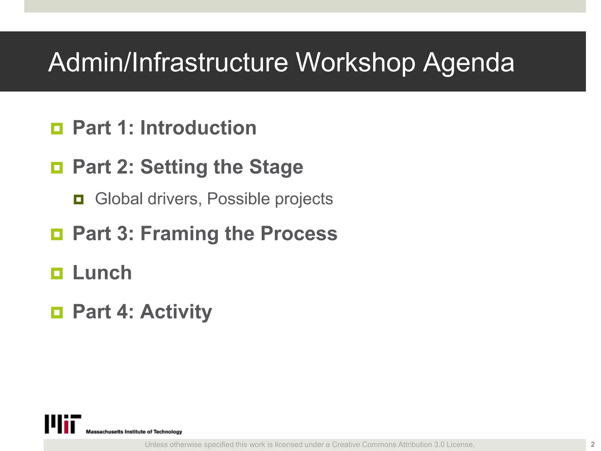 Unless otherwise specified this work is licensed under a Creative Commons Attribution 3.0 License.
Admin/Infrastructure Workshop Agenda
 Part 1: Introduction
 Part 2: Setting the Stage
 Global drivers, Possible projects
 Part 3: Framing the Process
 Lunch
 Part 4: Activity
2
 