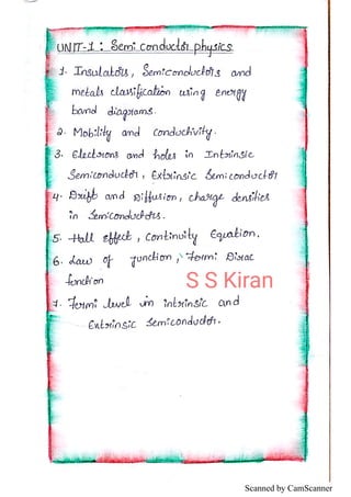 Semiconductor Physics EDC 1st UNIT Notes by S S Kiran Sir | PDF