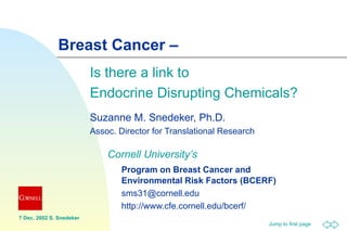 Breast Cancer –   Is there a link to  Endocrine Disrupting Chemicals? Suzanne M. Snedeker, Ph.D. Assoc. Director for Translational Research Cornell University’s Program on Breast Cancer and  Environmental Risk Factors (BCERF) [email_address] http://www.cfe.cornell.edu/bcerf/ 