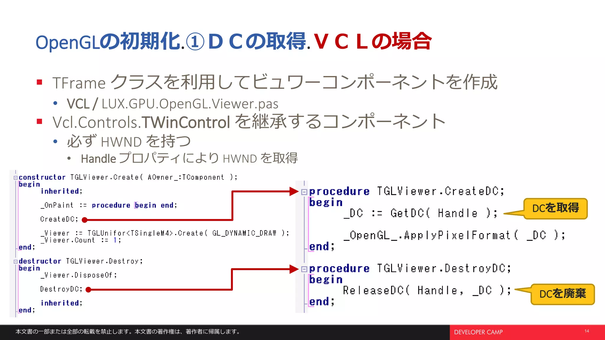 本文書の一部または全部の転載を禁止します。本文書の著作権は、著作者に帰属します。 14
OpenGLの初期化.①ＤＣの取得.ＶＣＬの場合
 TFrame クラスを利用してビュワーコンポーネントを作成
• VCL / LUX.GPU.OpenGL.Viewer.pas
 Vcl.Controls.TWinControl を継承するコンポーネント
• 必ず HWND を持つ
• Handle プロパティにより HWND を取得
DCを取得
DCを廃棄
 