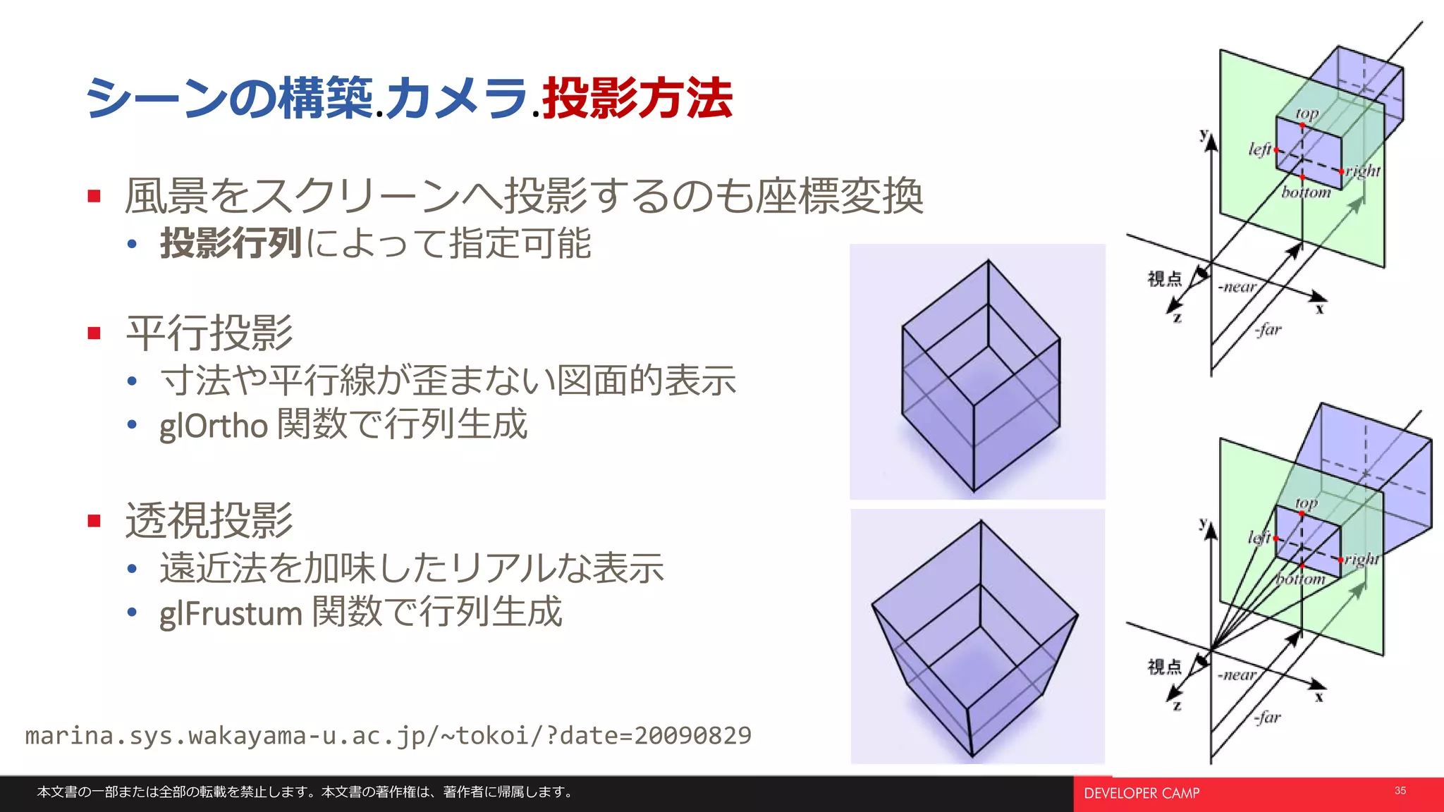 本文書の一部または全部の転載を禁止します。本文書の著作権は、著作者に帰属します。 35
シーンの構築.カメラ.投影方法
 風景をスクリーンへ投影するのも座標変換
• 投影行列によって指定可能
 平行投影
• 寸法や平行線が歪まない図面的表示
• glOrtho 関数で行列生成
 透視投影
• 遠近法を加味したリアルな表示
• glFrustum 関数で行列生成
marina.sys.wakayama-u.ac.jp/~tokoi/?date=20090829
 