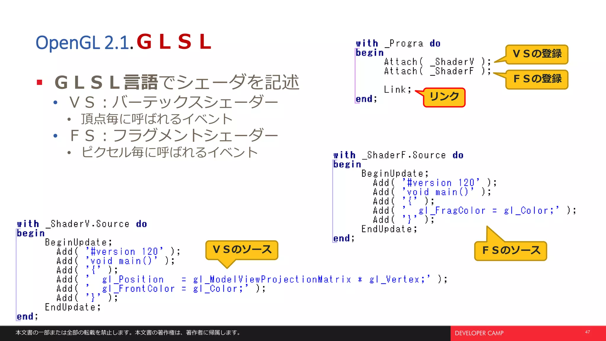 本文書の一部または全部の転載を禁止します。本文書の著作権は、著作者に帰属します。 47
OpenGL 2.1.ＧＬＳＬ
 ＧＬＳＬ言語でシェーダを記述
• ＶＳ：バーテックスシェーダー
• 頂点毎に呼ばれるイベント
• ＦＳ：フラグメントシェーダー
• ピクセル毎に呼ばれるイベント
ＦＳのソースＶＳのソース
ＶＳの登録
ＦＳの登録
リンク
 