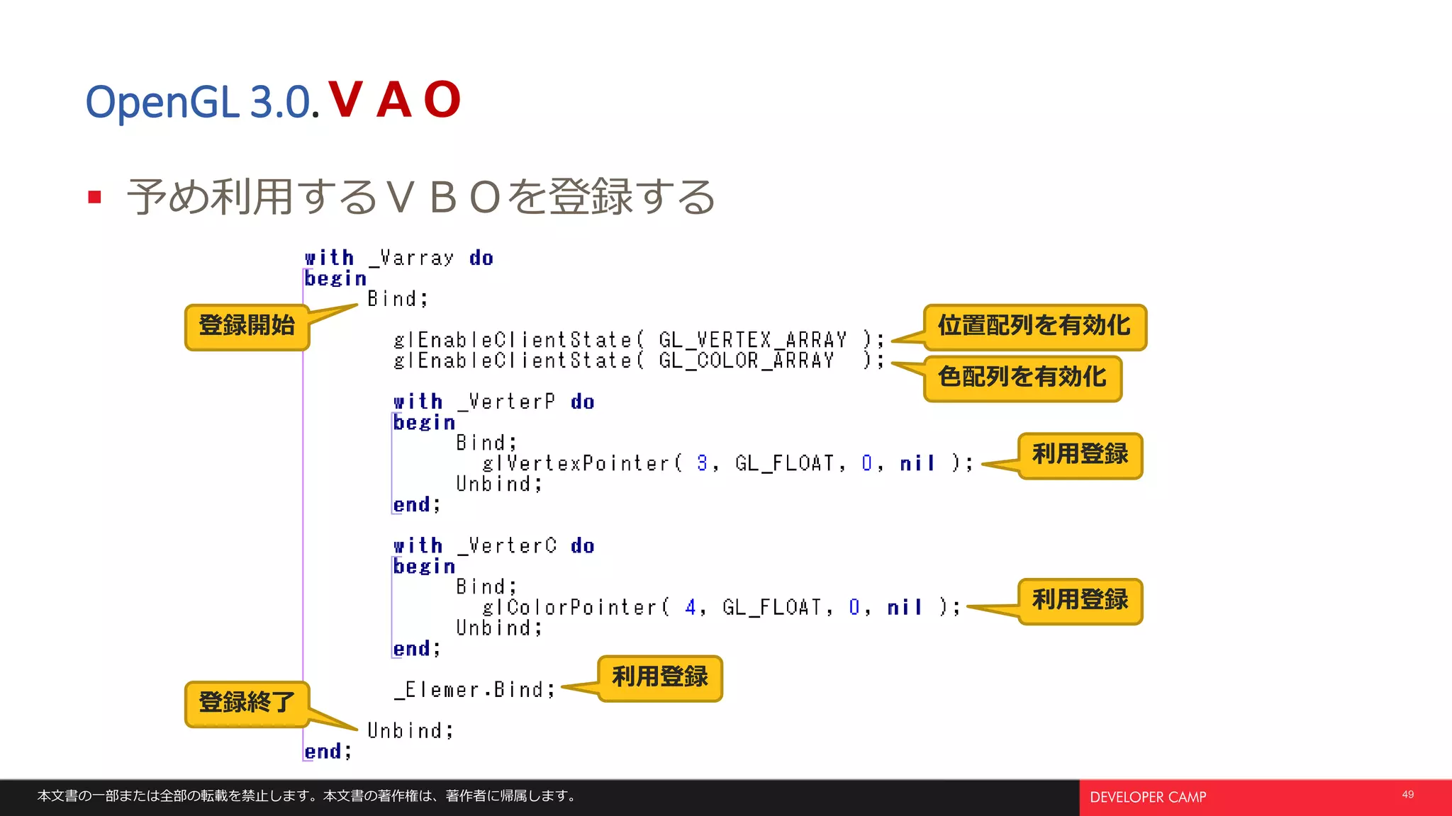 本文書の一部または全部の転載を禁止します。本文書の著作権は、著作者に帰属します。 49
OpenGL 3.0.ＶＡＯ
 予め利用するＶＢＯを登録する
利用登録
利用登録
利用登録
位置配列を有効化
色配列を有効化
登録開始
登録終了
 