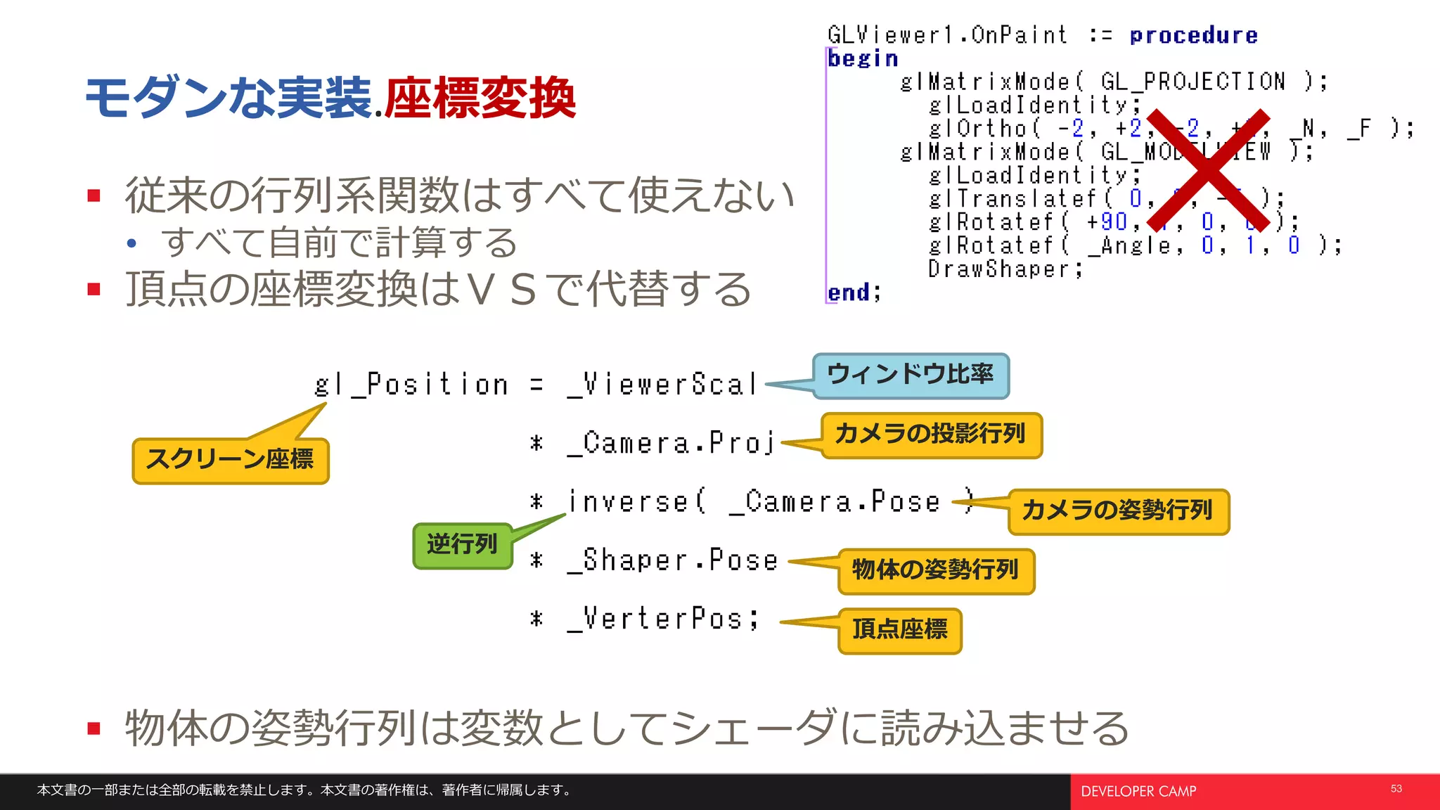 本文書の一部または全部の転載を禁止します。本文書の著作権は、著作者に帰属します。 53
モダンな実装.座標変換
 従来の行列系関数はすべて使えない
• すべて自前で計算する
 頂点の座標変換はＶＳで代替する
 物体の姿勢行列は変数としてシェーダに読み込ませる
カメラの投影行列
ウィンドウ比率
頂点座標
物体の姿勢行列
カメラの姿勢行列
逆行列
スクリーン座標
 