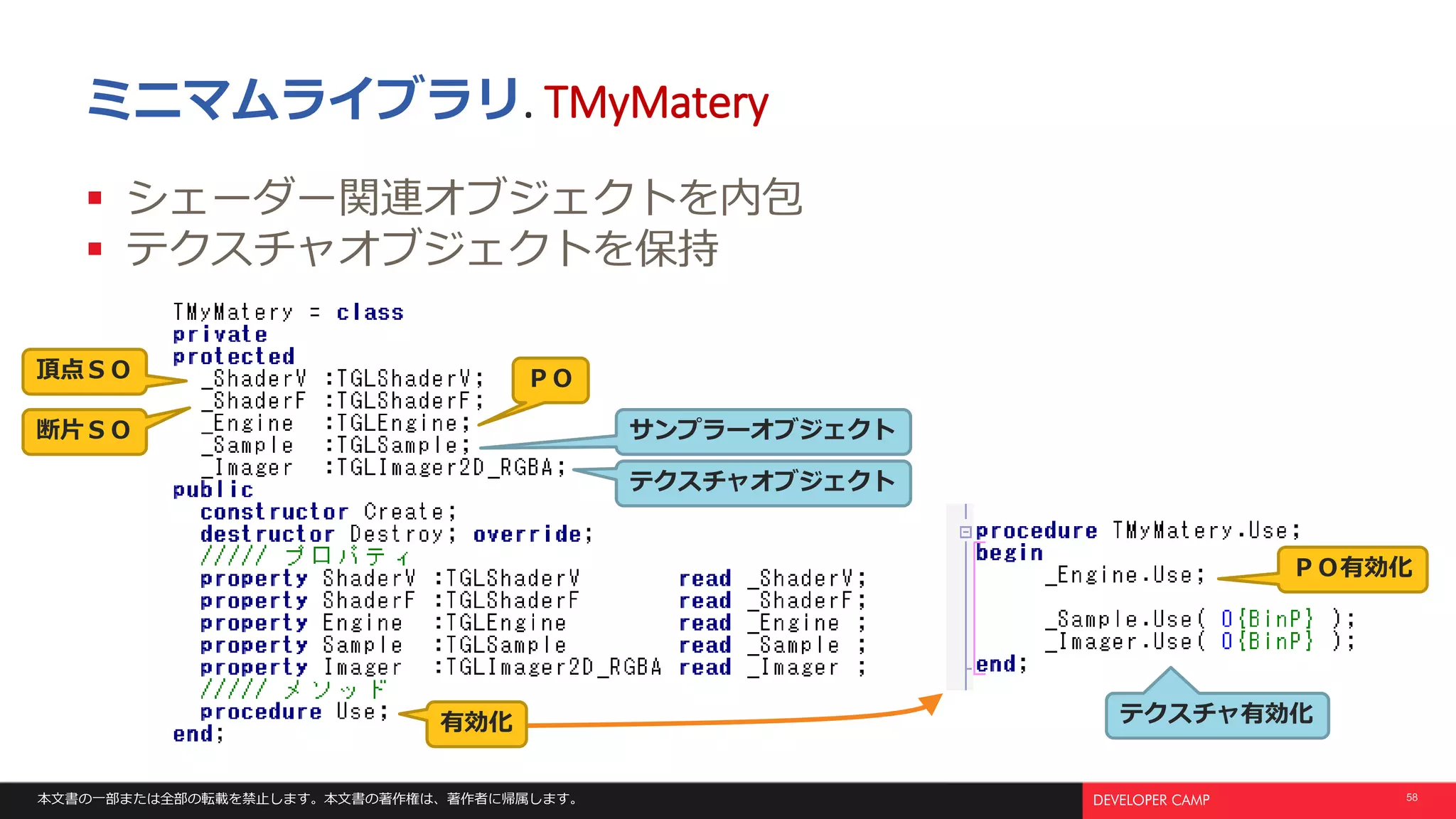 本文書の一部または全部の転載を禁止します。本文書の著作権は、著作者に帰属します。 58
ミニマムライブラリ. TMyMatery
 シェーダー関連オブジェクトを内包
 テクスチャオブジェクトを保持
頂点ＳＯ
断片ＳＯ
ＰＯ
サンプラーオブジェクト
テクスチャオブジェクト
有効化
ＰＯ有効化
テクスチャ有効化
 