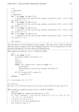 CHAPTER 5. SIMULATIONS: BROWNIAN MOTION 50
z =[]
z . append (0)
v=[]
v . append (0)
for i in range (0 , int ( l /h ) ) :
x . append (x [ i ]+np . sqrt (h)*np . random . normal ( loc =0.0 , s c a l e =1.0))
plt . plot (x , c=’b ’ )
for i in range (0 , int ( l /h ) ) :
y . append (y [ i ]+np . sqrt (h)*np . random . normal ( loc =0.0 , s c a l e =1.0))
plt . plot (y , c=’ r ’ )
for i in range (0 , int ( l /h ) ) :
z . append ( z [ i ]+np . sqrt (h)*np . random . normal ( loc =0.0 , s c a l e =1.0))
plt . plot ( z , c=’y ’ )
for i in range (0 , int ( l /h ) ) :
v . append (v [ i ]+np . sqrt (h)*np . random . normal ( loc =0.0 , s c a l e =1.0))
plt . plot (v , c=’ g ’ )
plt . show ()
This will alow us to draw Brownian motion samples. The same code is valid for plotting
Brownian motion samples in 2D, only changing plt.plot(x,c=’b’) for plt.plot(x,y,c=’b’) For
plotting the histogram 5.1 we have written the following code
def simBrownianMotion (h=1, l =10000,N=1000):
v=[]
for n in range (1 ,N) :
#x=numpy . random . normal (0 ,1 ,3)
i=0
suma=0
sumaa=0
while (0.5 −sumaa)*(0.5 −suma)>=0 and i<l :
sumaa=suma
suma=suma+np . sqrt (h)*np . random . normal (0 ,1)
i=i+h
i f (0.5 −sumaa)*(0.5 −suma)<0:
v . append ( i−h)
return v
t1 = np . arange (−6, 10 , 0.1)
plt . plot ( t1 ,
np . exp ( −0.5**2/(2*np . exp ( t1 )))* 0.5/ np . sqrt (2*math . pi *np . exp ( t1 ) ) )
def freqHistogramBrownian (h=0.01 , l =1000,N=100000):
bins=13
X=l i s t (map( log , simBrownianMotion (h , l ,N) ) )
(n , bins , patches ) = plt . h i s t (X, bins =[−5,−4.5,−4,−3.5,−3,−2.5,
−2 , −1.5 , −1 , −0.5 ,0 ,0.5 ,1 ,
1. 5 , 2 , 2.5 ,3 ,3 .5 , 4 , 4.5 ,5 ,
5 . 5 , 6 , 6 . 5 , 7 , 7 . 5 , 8 ] , normed=True )
plt . xlabel ( ’ log ( t ) ’ )
 