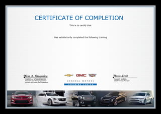 MARIO A. SPANGENBERG
President and Managing Director
Africa & GM Middle East Operations
MANNY SURIEL
VSSM Training Manager
CERTIFICATE OF COMPLETION
This is to certify that
Has satisfactorily completed the following training
Mario A. Spangenberg Manny Suriel
2/12/2016
TAHA EL BAWAB
LMS102.01W
A2407.03ME-W
SSM01.010W
SSM02.010W
SSM03.010W
SSM04.010W
SSM05.010W
LMS102.01W
SVCT003.01-ME-OD
SVCT003.01-ME
SVCT003.01-MA
Introduction to LMS
Introduction to Customer Management
VSS 101: Becoming a Professional Sales Consultant
VSS 102: Welcome & Interview
VSS 103: Presentation and Demonstration Drive
VSS 104: Trade, Financing & Closing
VSS 105: Delivery, Intro to Service & Follow-Up
Introduction to LMS
Scheduled Maintenance and Menu Pricing VCT
On-demand
Scheduled Maintenance and Menu Pricing
 