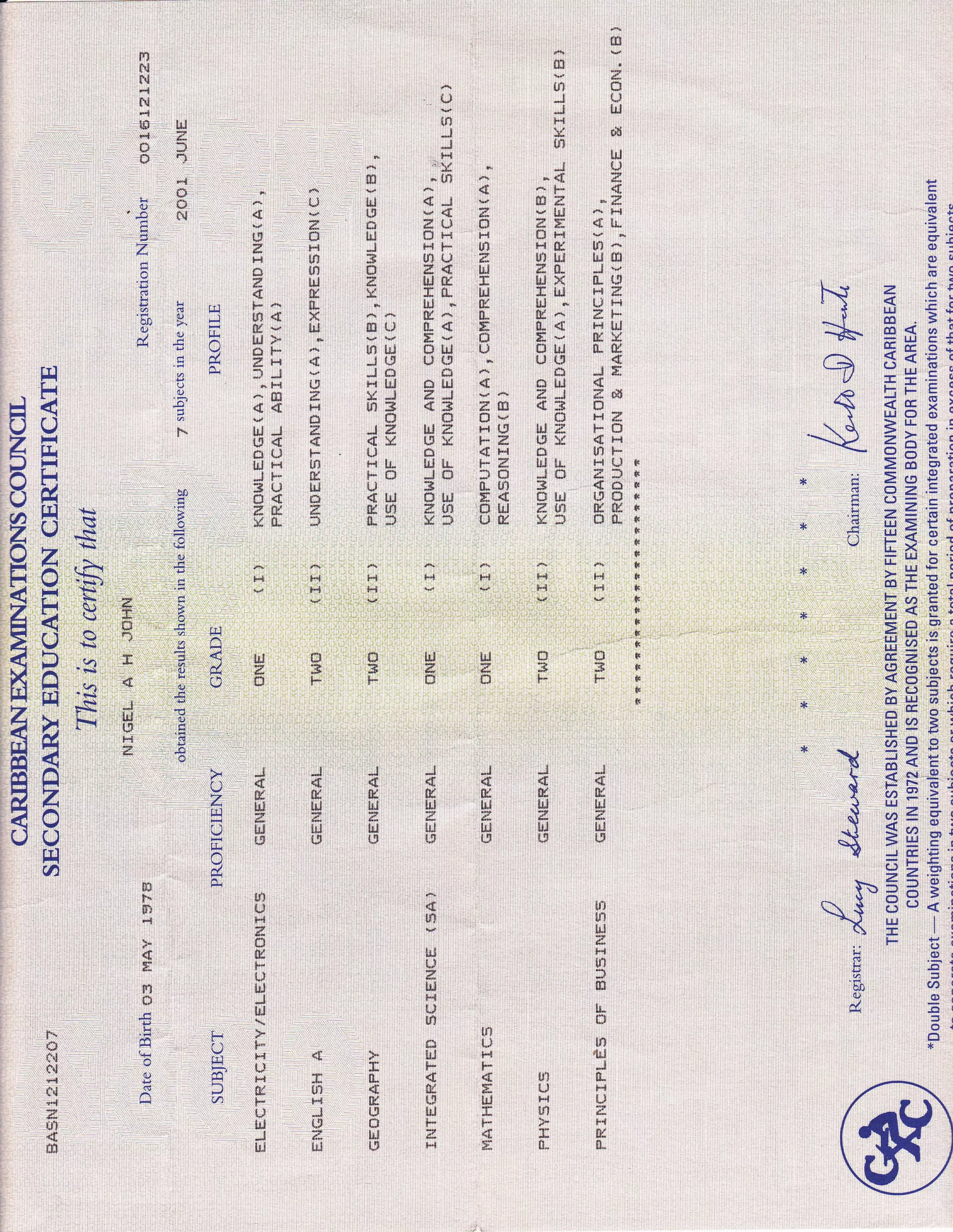 CXC Certificate - 2001 | PDF