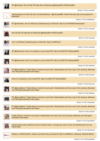 RT @kwinsper: Run full day PD days like an #edcamp @abbewaldron #EdCampBos


                                                                                      28-Apr-12 14:54 | JustineFG


Taking teachers to their first (and my first) #edcamp - @edCampMKE. What's the best way to be prepared for
#edcamp?
                                                                                   28-Apr-12 14:53 | HelpReaders


RT @mramidon: Join my EdCamp Colorado group on Edmodo. http://t.co/YXzSDSXS #edcampco


                                                                                      28-Apr-12 14:53 | mramidon


Run full day PD days like an #edcamp @abbewaldron #EdCampBos


                                                                                       28-Apr-12 14:53 | kwinsper


Join my EdCamp Colorado group on Edmodo. http://t.co/2IfHxan3


                                                                                      28-Apr-12 14:53 | mramidon


RT @khsemvee: How to run edcamp in your school PD. http://t.co/d2IUYfrF #edcampBOS


                                                                                      28-Apr-12 14:53 | JustineFG


RT @khsemvee: How to run edcamp in your school PD. http://t.co/d2IUYfrF #edcampBOS


                                                                                      28-Apr-12 14:52 | SaDoane


RT @dancallahan: Finally taking a moment to just soak in #edcampbos and holy crap is this amazing. #edcamp
over 200 great educators here today!
                                                                                       28-Apr-12 14:50 | alicebarr


How to run edcamp in your school PD. http://t.co/d2IUYfrF #edcampBOS


                                                                                      28-Apr-12 14:49 | khsemvee


RT @dancallahan: Finally taking a moment to just soak in #edcampbos and holy crap is this amazing. #edcamp
over 200 great educators here today!
                                                                                      28-Apr-12 14:49 | SaDoane


RT @dancallahan: Finally taking a moment to just soak in #edcampbos and holy crap is this amazing. #edcamp
over 200 great educators here today!
                                                                                    28-Apr-12 14:49 | TeachPleau


RT @dancallahan: Finally taking a moment to just soak in #edcampbos and holy crap is this amazing. #edcamp
over 200 great educators here today!
                                                                                       28-Apr-12 14:48 | colindorr


Finally taking a moment to just soak in #edcampbos and holy crap is this amazing. #edcamp over 200 great
educators here today!
                                                                                    28-Apr-12 14:47 | dancallahan


edcamp topics were whatever anyone wanted to learn. concept was new to most, but teachers got it at once
('went wild').
                                                                                     28-Apr-12 14:47 | ellenbrandt


Reserve ur #EdCAmpATL tickets now before they are all gone! http://t.co/6fRy8miu #edcamp #edchat #tlchat


                                                                                 28-Apr-12 14:47 | EdCampAtlanta
 