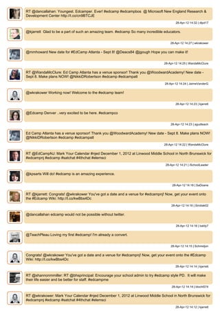 RT @dancallahan: Youngest. Edcamper. Ever! #edcamp #edcampbos @ Microsoft New England Research &
Development Center http://t.co/cn9BTCJE
                                                                                        28-Apr-12 14:32 | dlpd17


@kjarrett Glad to be a part of such an amazing team. #edcamp So many incredible educators.


                                                                                    28-Apr-12 14:27 | wkrakower


@mmhoward New date for #EdCamp Atlanta - Sept 8! @Deacs84 @jgough Hope you can make it!


                                                                                28-Apr-12 14:25 | WandaMcClure


RT @WandaMcClure: Ed Camp Atlanta has a venue sponsor! Thank you @WoodwardAcademy! New date -
Sept 8. Make plans NOW! @NikkiDRobertson #edcamp #edcampatl
                                                                                28-Apr-12 14:24 | JaimeVanderG


@wkrakower Working now! Welcome to the #edcamp team!


                                                                                        28-Apr-12 14:23 | kjarrett


@Edcamp Denver ..very excited to be here. #edcampco


                                                                                    28-Apr-12 14:23 | agudteach


Ed Camp Atlanta has a venue sponsor! Thank you @WoodwardAcademy! New date - Sept 8. Make plans NOW!
@NikkiDRobertson #edcamp #edcampatl
                                                                                28-Apr-12 14:22 | WandaMcClure


RT @EdCampNJ: Mark Your Calendar #njed December 1, 2012 at Linwood Middle School in North Brunswick for
#edcampnj #edcamp #satchat #4thchat #elemsci
                                                                                 28-Apr-12 14:21 | iSchoolLeader


@kpsarts Will do! #edcamp is an amazing experience.


                                                                                     28-Apr-12 14:18 | SaDoane


RT @kjarrett: Congrats! @wkrakower You've got a date and a venue for #edcampnj! Now, get your event onto
the #Edcamp Wiki: http://t.co/kwBbs4Dc
                                                                                     28-Apr-12 14:16 | Sirotiak02


@dancallahan edcamp would not be possible without twitter.


                                                                                        28-Apr-12 14:16 | baldy7


@TeachPleau Loving my first #edcamp! I'm already a convert.


                                                                                    28-Apr-12 14:15 | Schmidjon


Congrats! @wkrakower You've got a date and a venue for #edcampnj! Now, get your event onto the #Edcamp
Wiki: http://t.co/kwBbs4Dc
                                                                                        28-Apr-12 14:14 | kjarrett


RT @shannonmmiller: RT @bhsprincipal: Encourage your school admin to try #edcamp style PD. It will make
their life easier and be better for staff. #edcampme
                                                                                     28-Apr-12 14:14 | blocht574


RT @wkrakower: Mark Your Calendar #njed December 1, 2012 at Linwood Middle School in North Brunswick for
#edcampnj #edcamp #satchat #4thchat #elemsci
                                                                                        28-Apr-12 14:12 | kjarrett
 