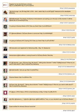 Register for the first EdCamp in Dubai
http://t.co/30lKJfRW http://t.co/TCnsDtYG
                                                                                   28-Apr-12 09:49 | edcampdubai


“@JohanLange: Läs DN idag! Mkt LUCKc - tänk i detta! http://t.co/JAFOgXZf” #skola #LUCKc #skollyftet
#edcamp
                                                                                    28-Apr-12 08:35 | JohanLange


@DebBoatwright The beauty of edcamp is that sessions can spring up on the spur of the moment. It will be
agreat day of connecting & lrng
                                                                                    28-Apr-12 02:51 | cybraryman1


I'm going to Edcamp Boston 2012! See you there! http://t.co/m2fKGem0


                                                                                       28-Apr-12 02:29 | EA_Clark


RT @edcampBoston: EdCamp Boston is tomorrow! http://t.co/NcMuMgID


                                                                                          28-Apr-12 02:27 | gonfitz


I'm going to EdCamp NYC Spring 2012! See you there! http://t.co/FuvEVReT


                                                                                  28-Apr-12 02:16 | MelissaLindinja


369 educators are registered for #edcamp philly - May 19. #awesome


                                                                                         28-Apr-12 02:12 | mritzius


#edcampbos @dancallahan Looking forward to EdCamp Boston Saturday


                                                                                     28-Apr-12 01:58 | PGPrincipal


RT @Cybrarian_Jenn: EdCamp Indy: Be there!!! Talking about ebooks? Twitter? MyBigCampus? What do you
want to talk about?? http://t.co/yhs07bcy #edcamp
                                                                                28-Apr-12 01:52 | MatthewKitchens


@madamewells here you go http://t.co/yhs07bcy


                                                                                 28-Apr-12 01:35 | Cybrarian_Jenn


Edcamp Boston http://t.co/QEubv1Wa


                                                                                   28-Apr-12 01:32 | bostonevtslist


EdCamp Indy: Be there!!! Talking about ebooks? Twitter? MyBigCampus? What do you want to talk about??
http://t.co/yhs07bcy #edcamp
                                                                                 28-Apr-12 00:33 | Cybrarian_Jenn


RT @cpcc: CPCC News: CPCC to host EdCamp on May 15 http://t.co/8fLvPcT0


                                                                                          28-Apr-12 00:26 | vstolen


@vr2ltch @hailstorm_11 @mbfxc @hmfryan @MrCarBIOne Tracy, so you decided to go to EdCamp Boston!


                                                                                        28-Apr-12 00:14 | JudyArzt


Super excited for edcamp Denver tomorrow!


                                                                                          28-Apr-12 00:08 | dlpd17
 