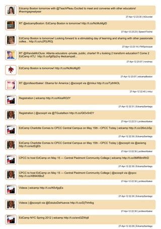 Edcamp Boston tomorrow with @TeachPleau Excited to meet and converse with other educators!
#havingagreatyear
                                                                                        27-Apr-12 23:30 | AGrundel


RT @edcampBoston: EdCamp Boston is tomorrow! http://t.co/NcMuMgID


                                                                                    27-Apr-12 23:23 | SpeechTechie


EdCamp Boston is tomorrow! Looking forward to a stimulating day of learning and sharing with other passionate
collea... http://t.co/u2PjURGj
                                                                                     27-Apr-12 23:14 | FWSprincipal


RT @WandaMcClure: Atlanta educators -private, public, charter! R u looking 2 transform education? Come 2
EdCamp ATL! http://t.co/fg65p2vy #edcampatl...
                                                                                         27-Apr-12 23:07 | rondmac


EdCamp Boston is tomorrow! http://t.co/NcMuMgID


                                                                                    27-Apr-12 23:07 | edcampBoston


RT @profesortbaker: Obama for America | @scoopit via @rinkui http://t.co/Tythf4OL


                                                                                            27-Apr-12 22:40 | rinkui


Registration | edcamp http://t.co/KIosRO2Y


                                                                                 27-Apr-12 22:31 | EdcampSantiago


Registration | @scoopit via @TGustafson http://t.co/GlOv5nEY


                                                                                    27-Apr-12 22:31 | profesortbaker


EdCamp Charlotte Comes to CPCC Central Campus on May 15th - CPCC Today | edcamp http://t.co/26icLbSp


                                                                                 27-Apr-12 22:30 | EdcampSantiago


EdCamp Charlotte Comes to CPCC Central Campus on May 15th - CPCC Today | @scoopit via @axismg
http://t.co/ezEijjEb
                                                                                    27-Apr-12 22:30 | profesortbaker


CPCC to host EdCamp on May 15 — Central Piedmont Community College | edcamp http://t.co/9MR8mRhD


                                                                                 27-Apr-12 22:30 | EdcampSantiago


CPCC to host EdCamp on May 15 — Central Piedmont Community College | @scoopit via @cpcc
http://t.co/XB94XBoZ
                                                                                    27-Apr-12 22:30 | profesortbaker


Videos | edcamp http://t.co/K6vfgqEs


                                                                                 27-Apr-12 22:30 | EdcampSantiago


Videos | @scoopit via @EstuboDeHuevos http://t.co/DjThh4bg


                                                                                    27-Apr-12 22:30 | profesortbaker


EdCamp NYC Spring 2012 | edcamp http://t.co/snd3ZWq8


                                                                                 27-Apr-12 22:29 | EdcampSantiago
 
