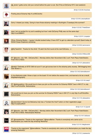 @j_lanier I gotta come visit your school before the year is over. But I'll be at EdCamp NYC next weekend.


                                                                                           28-Apr-12 23:48 | fnoschese


Posting about Edcamp http://t.co/9GCduhkz


                                                                                       28-Apr-12 23:45 | edcampBoston


Sorry I missed you today. Going to have those edcamp meetings in Burlington (Tuesdays) this summer?


                                                                                        28-Apr-12 23:32 | ThalesDream


says I am so excited for my son's wedding but how I wish EdCamp Philly was not the same day!
http://t.co/U9Il94YI
                                                                                           28-Apr-12 22:51 | congerjan


Whoa. Edcamp Boston - I guess I double booked today (I have GOT to get my calendars synced!) Spent today at
NOAA Ocean Explorers workshop.
                                                                                        28-Apr-12 22:38 | sanmccarron


@MyTakeOnIt Thanks for the drink! I'll catch the first round at the next EdCamp. ;-)


                                                                                        28-Apr-12 22:36 | PGRoom209


RT @tsocko: July 16th - EdCamp BLC - Monday before Alan November's BLC conf. Park Plaza Hotel Boston.
Free! Info to follow.
                                                                                        28-Apr-12 21:37 | abbewaldron


@baldy7 Definitely at ISTE! Still not sure if I can get across town to the edcamp party anyway. Still blogging here
near Boston U.
                                                                                     28-Apr-12 21:36 | KatrinaStevens1


In true #edcamp style I threw a topic on the board 10 min before the session time, and learned a lot as a result.
#digitalphotography
                                                                                              28-Apr-12 21:33 | baldy7


RT @abbewaldron: We would love to have you join us this summer for Edcamp RSD6 Tues in NW CT in July
http://t.co/Pz0Jz9he #edcampbos
                                                                                     28-Apr-12 21:20 | KatrinaStevens1


We would love to have you join us this summer for Edcamp RSD6 Tues in NW CT in July http://t.co/Pz0Jz9he
#edcampbos
                                                                                        28-Apr-12 21:18 | abbewaldron


@cybercitizen1 Dunno but #edcamp indy has a "Contact the Host" button on their registration page:
http://t.co/pkouROiV
                                                                                              28-Apr-12 21:13 | kjarrett


RT @tsocko: July 16th - EdCamp BLC - Monday before Alan November's BLC conf. Park Plaza Hotel Boston.
Free! Info to follow. #edcampbos #edchat
                                                                                            28-Apr-12 21:07 | SaDoane


RT @massteacher: Thanks to the organizers! “@dancallahan: Thanks to everybody who came out to
#edcampbos you made the day amazing! #edcamp”
                                                                                        28-Apr-12 21:01 | MegSecatore


Thanks to the organizers! “@dancallahan: Thanks to everybody who came out to #edcampbos you made the day
amazing! #edcamp”
                                                                                        28-Apr-12 21:01 | massteacher
 