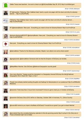 Dallas Texas area teachers - be sure to check out @EdCampDallas Sep 29, 2012 http://t.co/ASbdLgsm


                                                                                        26-Apr-12 06:26 | eBackpack


RT @mwacker: Following +Dan Callahan lead, here's a quick one pager with the down and dirty for edcamp
denver.... http://t.co/AcrPCbNj
                                                                                          26-Apr-12 04:55 | gimmym


Following +Dan Callahan lead, here's a quick one pager with the down and dirty for edcamp denver....
http://t.co/AcrPCbNj
                                                                                          26-Apr-12 04:15 | mwacker


RT @edcampBoston: New post: : Everything you need to know for Edcamp Boston! http://t.co/YnrZA1yb


                                                                                         26-Apr-12 03:13 | mr_avery


#edcamp #edcampBOS RT @edcampBoston: New post: : Everything you need to know for Edcamp Boston!
http://t.co/kPJ0fVDx
                                                                                       26-Apr-12 03:09 | dancallahan


New post: : Everything you need to know for Edcamp Boston! http://t.co/YnrZA1yb


                                                                                    26-Apr-12 03:08 | edcampBoston


@dancallahan Thanks for the #edcamp schedule. Maybe I can attend one some where exotic!


                                                                                         26-Apr-12 02:56 | anndebolt


@gregkulowiec @dancallahan Someone told me that the Emperor of EdCamp can levitate.


                                                                                            26-Apr-12 02:54 | tsocko


@MapM8ker #sschat. Geo EdCamp @National Geographic sounds great!


                                                                                    26-Apr-12 02:51 | teacherromeyn


How many #sschat Tweeps would be interested in a Geography themed EdCamp this fall @ National
Geographic HQ in Wash DC? Sept. or Oct.?
                                                                                        26-Apr-12 02:49 | MapM8ker


People have already started posting thoughts and feelings for #edcampbos to our posterous! http://t.co/Nf5bix9d
#edcamp
                                                                                       26-Apr-12 02:26 | dancallahan


@mannkm That's less than 3 hours from Inverness!!! I'd love to get to meet you in October at EdCamp.


                                                                                          26-Apr-12 02:12 | jswiatek


@mannkm EdCamp Citrus 2012 will be on Saturday, October 20th in Inverness, FL. (Citrus County)


                                                                                          26-Apr-12 02:06 | jswiatek


@ncarroll24 what do you hope to facilitate at EdCamp? It would be so great if you get to share! #atchat


                                                                                         26-Apr-12 02:03 | KarenJan


@anndebolt See the complete #edcamp calendar to find all upcoming events http://t.co/iup1n1Zu Only one in
Texas scheduled right now is Dalas
                                                                                       26-Apr-12 02:01 | dancallahan
 