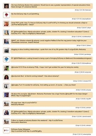 We have EdCamp Boston this weekend. Would love to see a greater representation of special educators there.
Need stronger AT presence #atchat
                                                                                           26-Apr-12 01:36 | KarenJan


My first EdCamp http://t.co/CqfoHWUg


                                                                                      26-Apr-12 01:03 | edcampBoston


Great PDF guide: How To Host an EdCamp http://t.co/kFmrXFuj I'm thinking we should schedule a Sept or
Jan/Feb #edcampOKC - Ideas?
                                                                                               26-Apr-12 00:57 | wfryer


RT @WandaMcClure: Atlanta educators -private, public, charter! R u looking 2 transform education? Come 2
EdCamp ATL! http://t.co/fg65p2vy #edcampatl...
                                                                                      26-Apr-12 00:44 | rochelleswilson


@MrP_tchr Wisdom shared @ edcamp: avoid negative Nellies & that the neg person today might be your
cheerleader tomorrow. cheers! #ntchat
                                                                                              26-Apr-12 00:41 | tbbrwn


blogging is about building relationships - quote from one of my 5th graders http://t.co/gxcEolAu #edcamp


                                                                                          26-Apr-12 00:40 | pernilleripp


RT @DHFBaltimore: Looking forward to being a part of bringing EdCamp to Baltimore! #moredetailscomingsoon


                                                                                      26-Apr-12 00:27 | EdCampBmore


@brooker1015 I'll be at edcamp Philly. I hope I don't get scolded this year for being too snarky


                                                                                           26-Apr-12 00:24 | andycinek


@andycinek Boo! Is Kermit coming instead? How about edcamp?


                                                                                        26-Apr-12 00:21 | brooker1015


@jbrogley Fun! I'm excited for edCamp. And setting up lunch, of course. :-) See you there!


                                                                                             26-Apr-12 00:20 | amycep


All about the youngins “@colindorr: #edcamp Rochester has a logo! thanks @heyoBH for the dope design!
#ROC http://t.co/gaIUFgAJ”
                                                                                             26-Apr-12 00:00 | heyoBH


FB page here: http://t.co/qYvEWTLf
#edcamp #boston
                                                                                            25-Apr-12 23:54 | colindorr


RT @WandaMcClure: Atlanta educators -private, public, charter! R u looking 2 transform education? Come 2
EdCamp ATL! http://t.co/fg65p2vy #edcampatl...
                                                                                      25-Apr-12 23:54 | JaimeVanderG


Follow my tweets at edcamp Boston this weekend! : http://t.co/2kt7bnwx
#education #teachers
                                                                                            25-Apr-12 23:49 | colindorr


EdCamp Dubai Wikispace
http://t.co/oGwF3vQf http://t.co/bPBCg8Eq
                                                                                       25-Apr-12 22:12 | edcampdubai
 