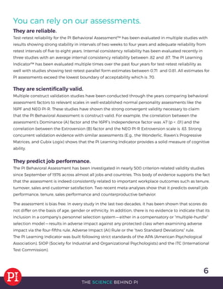 6
THE SCIENCE BEHIND PI
You can rely on our assessments.
They are reliable.
Test-retest reliability for the PI Behavioral Assessment™ has been evaluated in multiple studies with
results showing strong stability in intervals of two weeks to four years and adequate reliability from
retest intervals of ﬁve to eight years. Internal consistency reliability has been evaluated recently in
three studies with an average internal consistency reliability between .82 and .87. The PI Learning
Indicator™ has been evaluated multiple times over the past four years for test-retest reliability as
well with studies showing test-retest parallel form estimates between 0.71 and 0.81. All estimates for
PI assessments exceed the lowest boundary of acceptability which is .70.
They are scientiﬁcally valid.
Multiple construct validation studies have been conducted through the years comparing behavioral
assessment factors to relevant scales in well-established normal personality assessments like the
16PF and NEO PI-R. These studies have shown the strong convergent validity necessary to claim
that the PI Behavioral Assessment is construct-valid. For example, the correlation between the
assessment’s Dominance (A) factor and the 16PF’s Independence factor was .47 (p < .01) and the
correlation between the Extroversion (B) factor and the NEO PI-R Extroversion scale is .63. Strong
concurrent validation evidence with similar assessments (E.g., the Wonderlic, Raven’s Progressive
Matrices, and Cubix Logix) shows that the PI Learning Indicator provides a solid measure of cognitive
ability.
They predict job performance.
The PI Behavioral Assessment has been investigated in nearly 500 criterion-related validity studies
since September of 1976 across almost all jobs and countries. This body of evidence supports the fact
that the assessment is indeed consistently related to important workplace outcomes such as tenure,
turnover, sales and customer satisfaction. Two recent meta-analyses show that it predicts overall job
performance, tenure, sales performance and counterproductive behavior.
The assessment is bias free. In every study in the last two decades, it has been shown that scores do
not differ on the basis of age, gender or ethnicity. In addition, there is no evidence to indicate that its
inclusion in a company’s personnel selection system — either in a compensatory or “multiple-hurdle”
selection model — results in adverse impact against any protected class when examining adverse
impact via the four-ﬁfths rule, Adverse Impact (AI) Rule or the “two Standard Deviations” rule.
The PI Learning Indicator was built following strict standards of the APA (American Psychological
Association), SIOP (Society for Industrial and Organizational Psychologists) and the ITC (International
Test Commission).
 