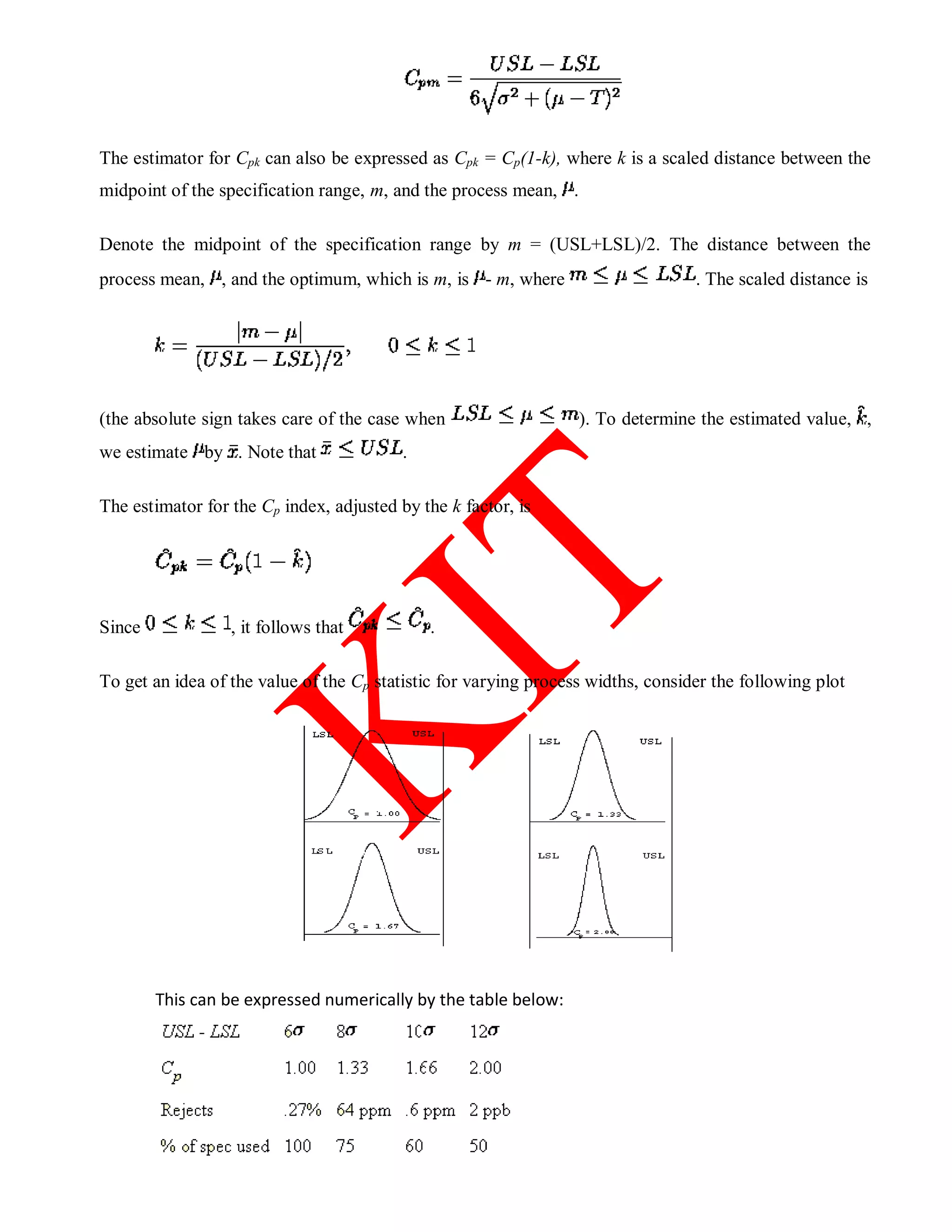 The estimator for Cpk can also be expressed as Cpk = Cp(1-k), where k is a scaled distance between the
midpoint of the specification range, m, and the process mean, .
Denote the midpoint of the specification range by m = (USL+LSL)/2. The distance between the
process mean, , and the optimum, which is m, is - m, where . The scaled distance is
(the absolute sign takes care of the case when ). To determine the estimated value, ,
we estimate by . Note that .
The estimator for the Cp index, adjusted by the k factor, is
Since , it follows that .
To get an idea of the value of the Cp statistic for varying process widths, consider the following plot
This can be expressed numerically by the table below:
 
